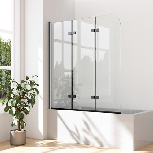 WOWINNE Duschwand für Badewanne Schwarz 130 x 140 cm Badewannenaufsatz Duschwand 3-teilig Faltbar Duschabtrennung Badewanne 5 mm Easy-Clean ESG Sicherheitsglas