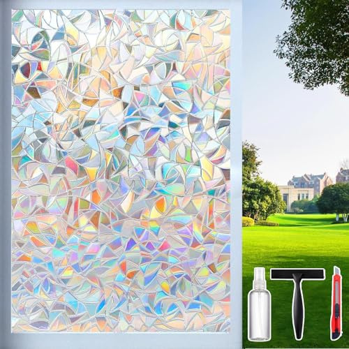 Dwersty Rainbow Window Privacy Film with Cutting Reference Line, 3D Decals Stained Glass Clings, Static Cling Sticker, Suncatcher Windows Cover Tint for Home, 17.5 Inch x 78.74 Inch
