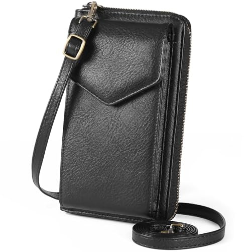 SENDEFN Crossbody Phone Bag for Women, Cross Body Handbags Phone Purse with Long Strap，Genuine Leather RFID Blocking Cell Phone Wallet Black