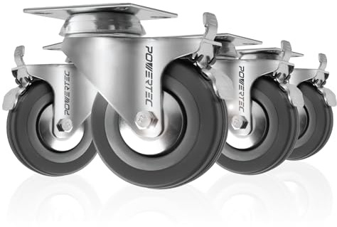 POWERTEC Juego de 4 ruedas giratorias de 3 pulgadas con freno y cargas de 640 libras, ruedas de placa resistentes, ruedas de goma de doble bloqueo para muebles, carro, plataforma rodante y bancos de