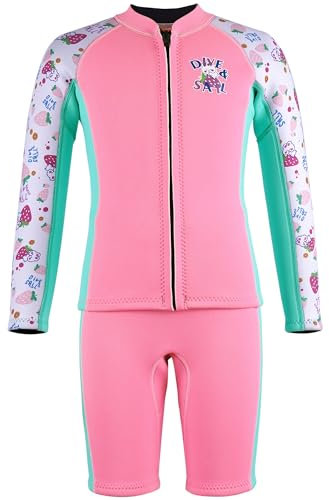 Neoprenanzug Kinder 2,5mm Neopren 2 teilig Badeanzug Jungen Mädchen Lange/Kurze Ärmel Tauchanzug Reißverschluss UV-Schutz 50+ Wetsuit zum Tauchen Schwimmen Surfen Neoprenanzug Rosa L