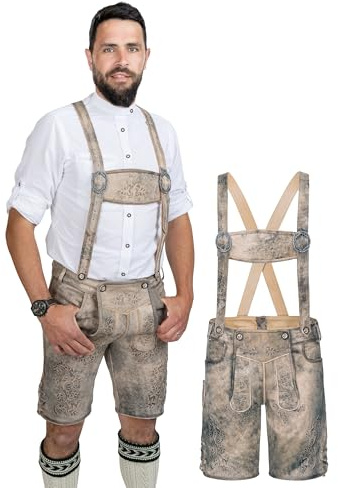 Schöneberger Traditionell couture läderbyxor för män, korta antik, nubuck-traditionella läderbyxor för oktoberfest, kostymbyxor med hängslen, Sand spackad/brun, 60