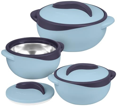 Pinnacle Lot de 3 cocottes isothermes avec couvercle 2,6/1,5/1 l – Réchauffeur de nourriture/refroidisseur – Bol de service thermique pour soupe/salade – Récipient à aliments chauds en acier