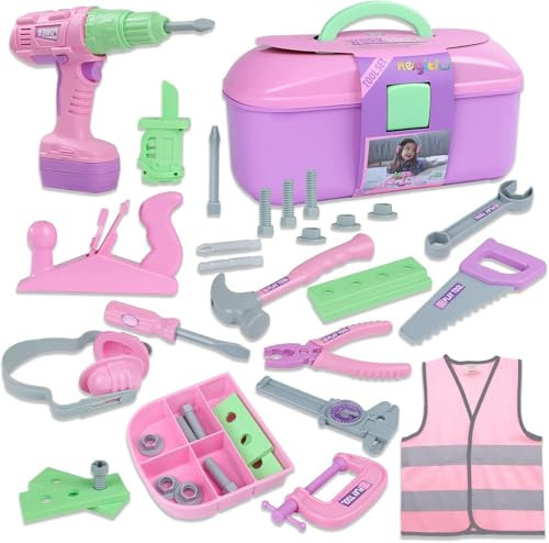 Magic4U Kids Tool Set, 31PCS Kids Tool Box Pretend Play Tool Toys with Electric Drill Hammer Tool, Construction Toy Toddler Tool Set for Girls Boys Ages 3-8