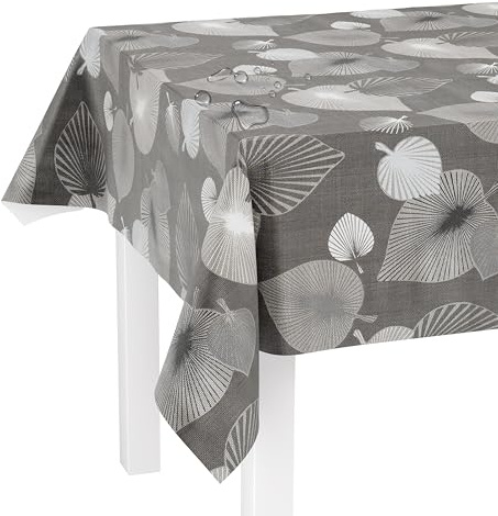 Lileno Home - Mantel lavable por metro 100x140cm (con borde de corte) en estilo hoja gris Elegance Motivo - Mantel de hule repelente al agua ideal como mantel o camino de mesa para mobiliario de