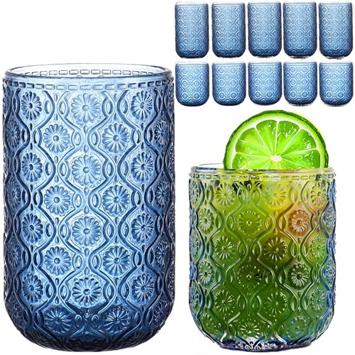 FERAHI Blue Drinking Glasses Set of 12, 12 Oz Highball & 10 Oz Cocktail Glasses, Blue Kitchen Vintage Glassware Set, Floral Embossed Glass Tumbler Cups for Water, Beer, Juice, Whiskey, Coffee