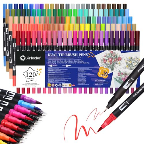 Artecho 120 pennarelli colorati per libri da colorare per adulti, senza sbavature, pennarelli a doppia punta per scuola, punta fine e a pennello per libri da colorare, calligrafia, disegno, schizzi