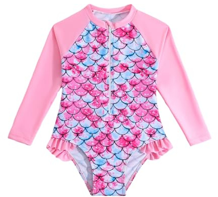 LYZOURBB Little Girls Long Sleeve Swimsuit Zipper Rash Guard One Piece Bathing Suits UPF 50+ Sun Protection Swimwear 3-8 Years Pink