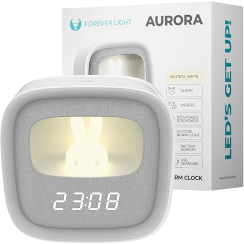 FOREVER Light LED Kinderwecker FNL‑06 Aurora | Nachtlicht mit LED Häschen | 1200 mAh Akku, USB‑C, 3 Alarme & Snooze | Geräuschlos & dimmbar | Weiß – Quadratisch & Modern
