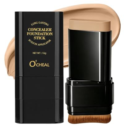 O'CHEAL Concealer Foundation Stick med borste, full täckning makeup 03# | 2-i-1 foundation och concealer-pinne för jämn hudton, konturering, enkel blandning och långvarig användning
