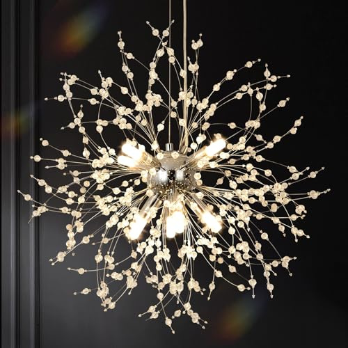 KUNYEEE Lampadari moderni a forma di fuochi d'artificio Lampada a sospensione Dandelion, cromata argento 8 luci G9, lampadari di cristallo per camera da letto, sala da pranzo, ingresso, Φ45 cm