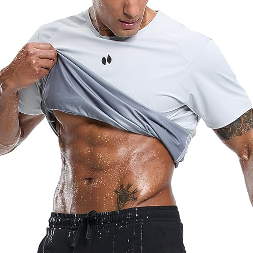 HOTSUIT Bastuskjorta för män midjetränare bastu kostymer med t-shirt för viktminskning hjärthängning svettdräkter med kort ärm för boxning på gym fitness, Vitt, XXL
