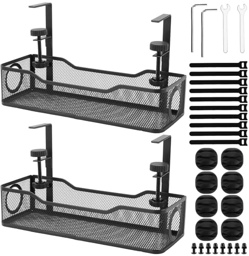 CHUEN 2 stycken 34 x 12 x 7,8 cm svart kabelhanteringskorg, kabelkorg kabelhantering skrivbord utan borrning, kabelhållare skrivbord klämbar för kontor och hem
