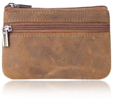 Porte-monnaie en cuir véritable pour homme et femme, avec deux compartiments, fermeture éclair, porte-clés, mini porte-monnaie, porte-monnaie (Brun)