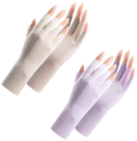 Feelorna 2 pares de guantes de protección solar UV para mujer, guantes de verano para pantalla táctil, guantes transpirables sin dedos, guantes de seda de hielo, guantes de protección solar para pesca