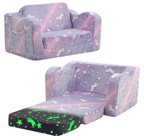 MeMoreCool Kids Sofa Bed, Toddler Fold Out Chair, Purple Unicorn | Soft Plush Fold Out Kids Sofa Bed with Glow In The Dark Design, Comfy Baby Recliner For Girls Boys Bedroom Playroom