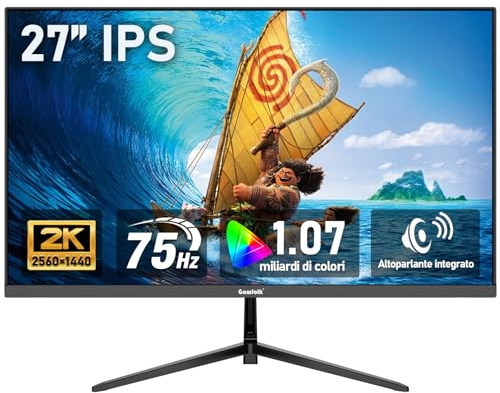 Gawfolk Monitor per computer IPS da 27 pollici 2K QHD (2560×1440), schermo per PC gaming 75Hz, 1ms, Adaptive Sync, 100% sRGB, 1,07 miliardi di colori, Altoparlante integrato,DisplayPort, HDMI, Nero