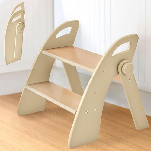 Taburete Niños Madera de 2 Peldaños Plegable, Capacidad de 130 kg con Alfombrilla Antideslizante y Asas, Escalon Infantil para Dormitorio, Cuarto de Caño, Cocina, Natural