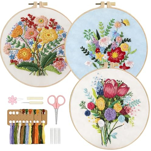 WYIPOLZI 3 Pcs Embroidery Kit for Beginners, DIY Hand Embroidery Starter Kit with Pre-Printed Bouquet Pattern, Hoop & Embroidery Accessories, DIY Stitch Craft Set for Adults, Sewing Gift Set