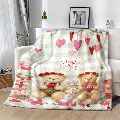 Vexthorion Cozy Soft Flannel Blanket For Women & Men,Bed Sofa Teddy Bear Soft Cozy Pink Heart Design-Cuddly Valentine's Day Blanket Personalised Romantic Gift For Girlfriend,Wife (White)