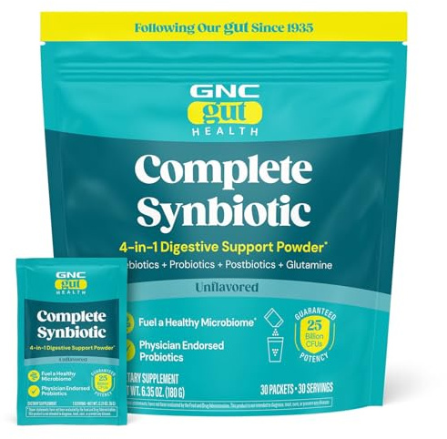 GNC Complete Synbiotic 4-in-1 Digestive Support Powder - Stomach Balance Formula with Physician-Endorsed Strains - Prebiotic, Probiotic & Postbiotic Blend - Drink Mix - 30 Count (30 Servings)