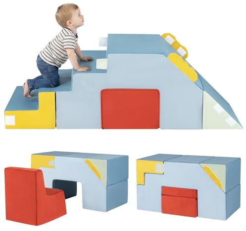 COSTWAY Set di 4 Blocchi da Arrampicata con Scivolo e Scale, Blocchi Morbidi in Schiuma per Gattonare, Coperture in Velluto, Set Tavolo e Sedia Convertibile per Cameretta
