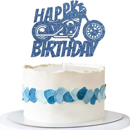Motorcycle Cake Topper for Men - Blue Glitter Birthday Cake Decoration - Motorbike Theme Party Supplies for Adult Celebrations