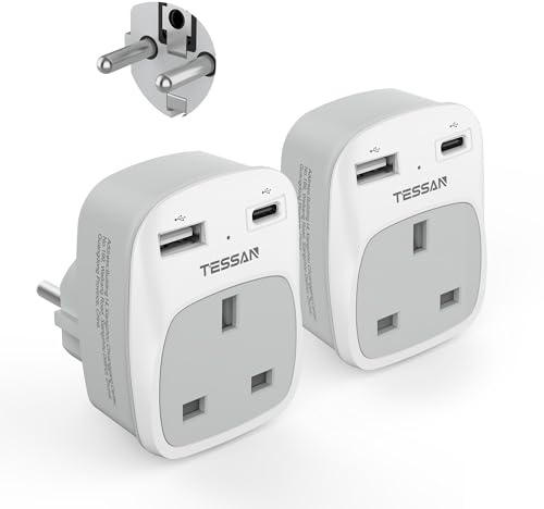 UK to European Plug Adapter 2 Pack, TESSAN Schuko Grounded Euro Plug Adapter with 2 USB Ports (1 USB C), Travel Adaptors UK to EU for Europe Spain Germany France Iceland Poland Russia (Type E F)