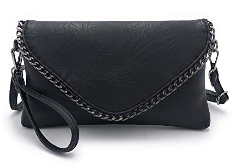 ELIOX - Elegante Frau Clutch Bag mit Kette und Schultergurt aus weichem Kunstleder - Kleine Abend Clutch Bag Girl Handtasche Elegante Taschen Zeremonie Hochzeit (SCHWARZ)