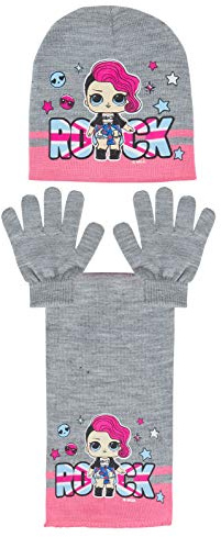 LOL Surprise Dolls Cappello in lana + sciarpa + guanti Set invernale per bambini regalo di Natale Roccia - Grigio 3-5 anni