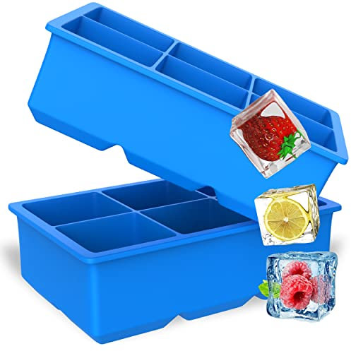 Stark home Pack of 2 Silicone Ice Cube Tray, Blue Reusable Ice Tray, BPA Safe Large Ice Cube Moulds for Whiskey, Cocktails, and Party Drinks (Blue-Square)