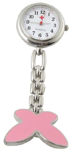 Ruilogod Rosa Mariposa Colgante Cadena Clip Bolsillo Reloj de Cuarzo cuelgue para Damas