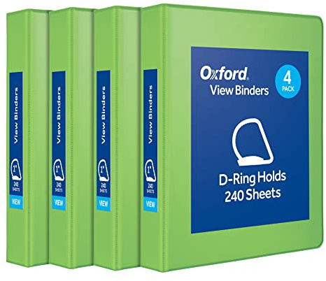 Oxford® 3 Ring Binders, Durable Binders for School and Office, Durable 1 inch D Rings, Holds 240 Sheets, ClearVue Presentation Binder, Green, 4PK