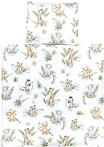 TupTam Baby Crib Pram Bedding Set Duvet Pillow - 4 pieces, Safari/Lion/Brown/Leaves/Green, 80x80 cm