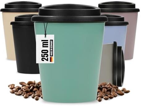 Uakeii Kaffeebecher 'Premium' 250 ml - doppelwandiger Kaffee to go Becher aus Bio-Kunststoff mit Schraubdeckel - BPA-freier Trinkbecher mit Deckel - Coffee to go Becher Made in Germany