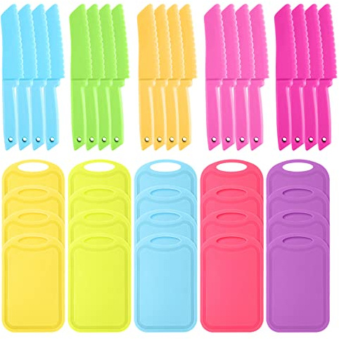 Lanties 40 Pcs Kids Cutting Board and Knife Set Kids Plastic Safe Knives Toddler Cutting Board Colorful Toddler Cooking Utensils for Salad Fruit Vegetables