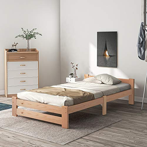Montary Holzbett Solide Massivholzbett Futonbett Massivholz Natur Bett aus mit Kopfteil und Lattenrost Natur (200 * 90cm)