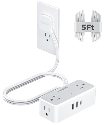 TESSAN Flat Plug Extension Cord 5 FT, Surge Protector Power Strip with 4 AC Outlets 1 USB C and 2 USB A Ports, 900 Joules Protection, Multiple Wall Outlet Extender Suitable for Office Dorm, Grey