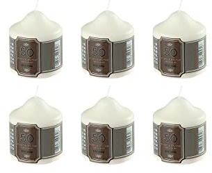 Pillar Candles Pack of 6 Long Burning Large Candle 7cm x 7.5cm with 50 Hours Burn Time - Dripless, Smokeless, Unscented Church Candles - Ideal for Weddings, Spa and Parties