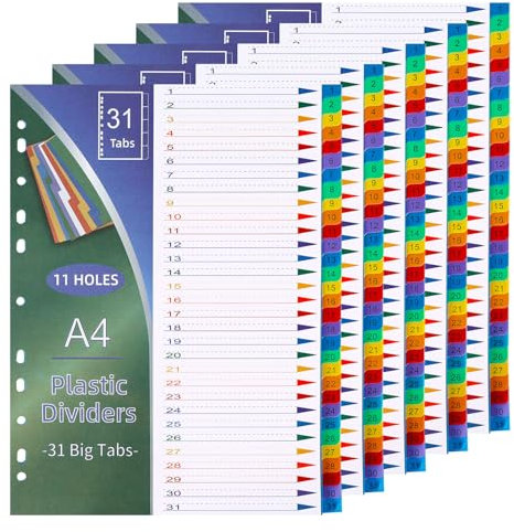 31-Teilig Plastik Ordner Register A4 (5 Stück),Trennblätter für Ordner A4,11 Löcher Ordner Trennblätter Mehrzweck Registerteiler für Zuhause, Schule und Bür