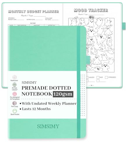 SIMSIMY Premade Bullet Dotted Journal Notebook, Pre-made Dot Grid Journaling with Undated Weekly & Monthly Planner - 12 Month Organization for Habit/Mood/Meals/Sleep/Exercise Trackers,