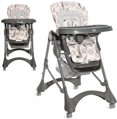 Lorelli Kinderhochstuhl mitwachsend Bellissimo, Kinderstuhl klappbar, verstellbarer Baby Hochstuhl mit Sicherheitsgurt, Doppeltablett, Korb, Rollen und PU-Lederbezug, grau