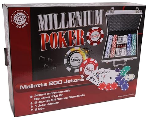 MGM Games - Maletín de 200 fichas de póker - Multicolor - 140200 - Juego de Cartas - Metal - De 2 a 6 Jugadores - Cartas de Juego - Juegos de Mesa - 11,5 gr - 30 cm x 21 cm