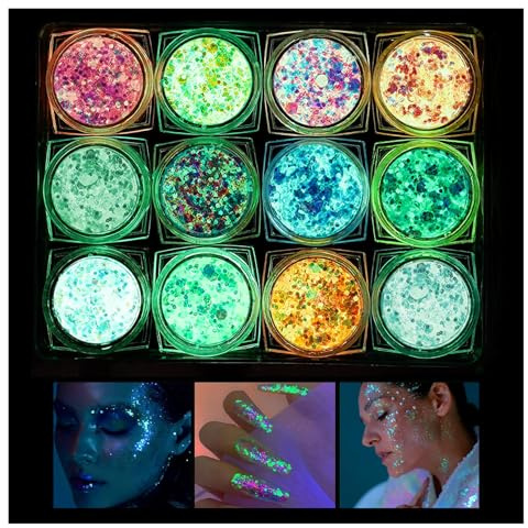 Horuili® Lumineuse Paillettes de Corps, 12 Couleurs de Paillettes Gel Holographique, pour Visage, Corps, Cheveux, Fête, Masquerade, Halloween, Noël