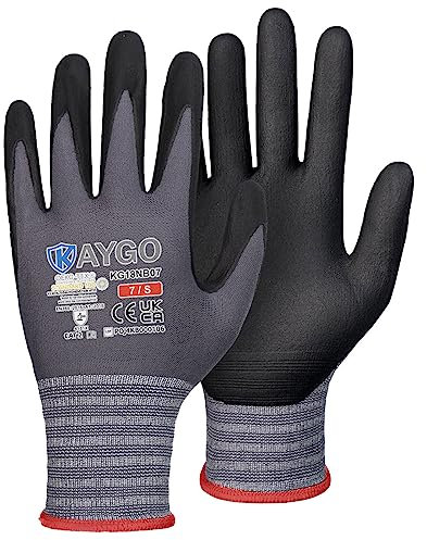 KAYGO 3 paires de gants de travail, enduits de nitrile antidérapants et résistants à l'abrasion en nylon tricoté sans couture pour atelier de montage de voiture (Noir, S, taille 7)