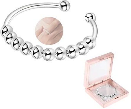 HhBdy Angstring Anti Stress Silberring Fidget Spinner Silber 925 Frauen Ring Verstellbare Größe Angstlinderungsring