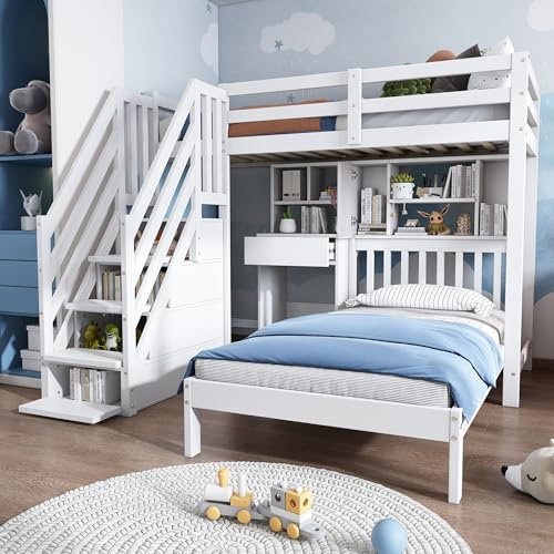 Ctastay Letto a Castello, Letto per Bambini 90x200, Letto per Ragazzi e Ragazze con Contenitore, Scrivania e Scaffali, con Doghe in Legno e Giroletto, Bianco,senza materasso