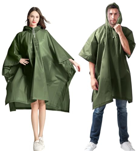Bosdontek Rain Poncho for Adult, 2 Pcs Portable Waterproof Rain Ponchos for Women & Men, Reusable EVA Raincoat Ponchos with Hoods Emergency Rainwear for Festival, Traveling, Outdoor Activities (Green)