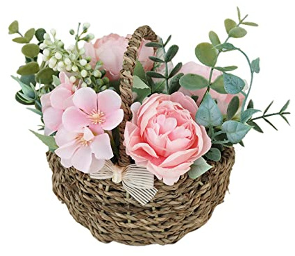 RXMORI Konstgjord Blomma i Korg, Levande Dekorativa Konstblommor i Krukor för Heminredning, Rottingvävd Bröllopsblommakorg för Bröllopsceremonitillbehör(rosa)