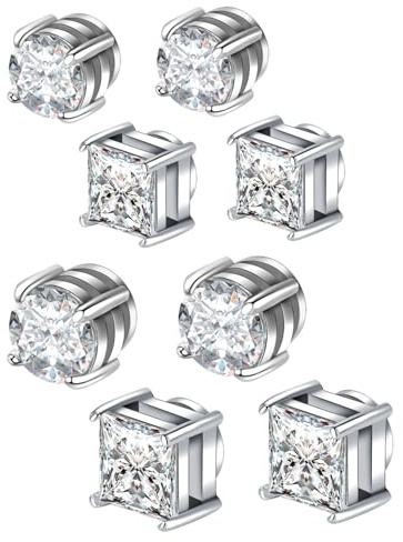 Besyvvin 8pcs Fake Earring Studs Non Pierced Magnetic CZ Earrings Stud for Men Women Non Piercing Jewellery Silver